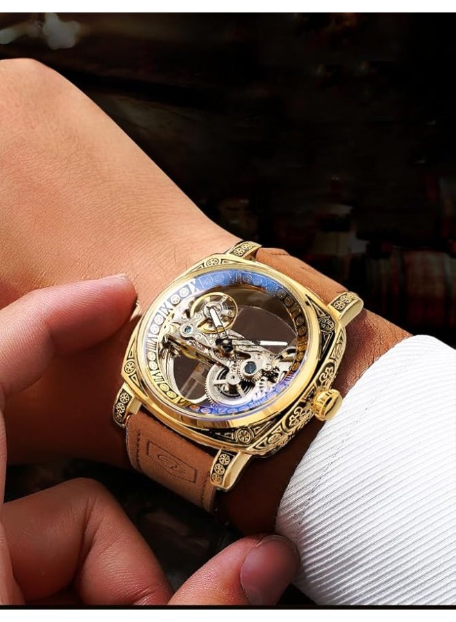 FORSINING Men's Luxury Square Carving Mechanical Watch, Retro Totem Double Sided Hollow Skeleton Self-Wind Automatic Watches, Vintage Leather Strap Wristwatch Reloj para Hombre - Image 5